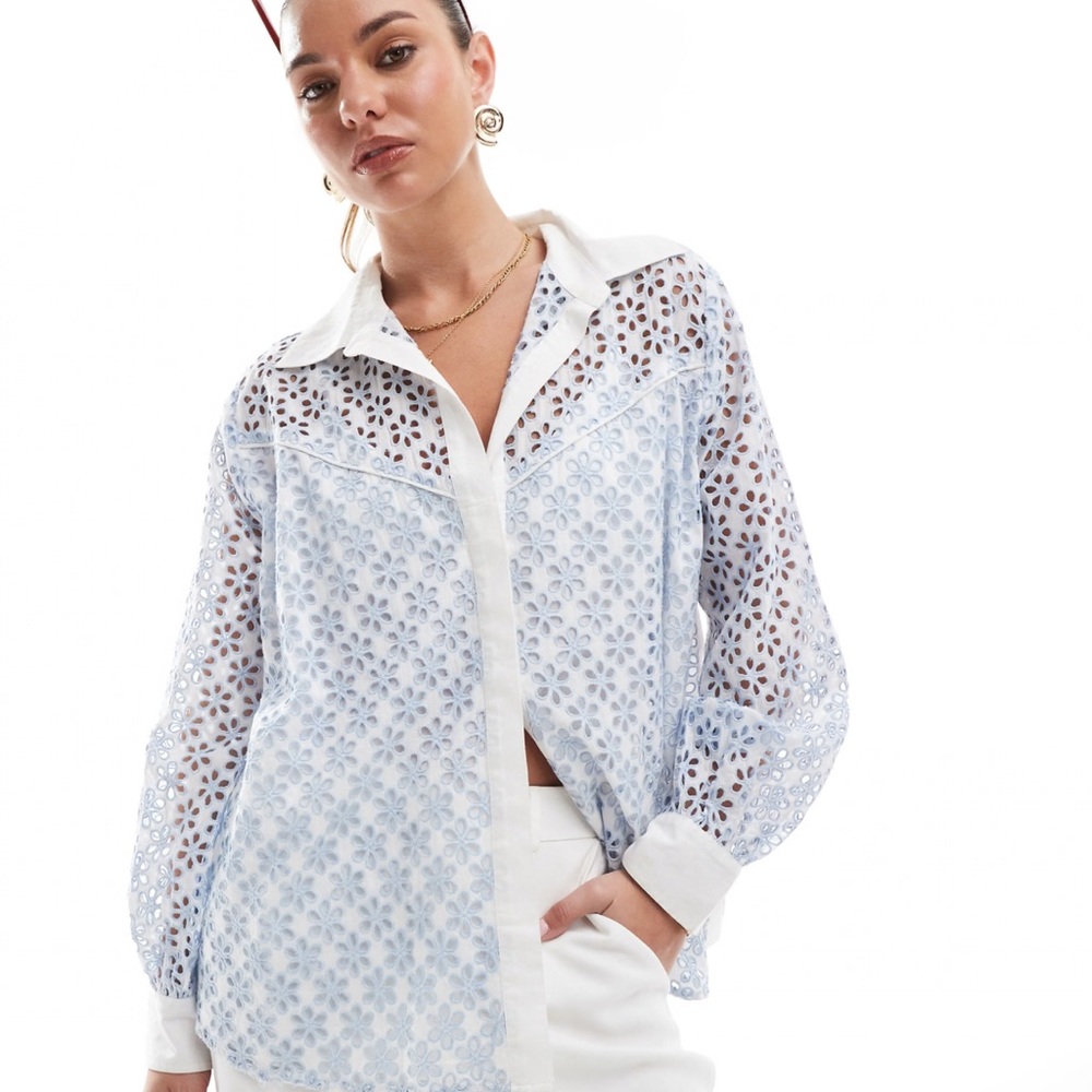French Connection Blue Floral Embroidered Blouse Size L